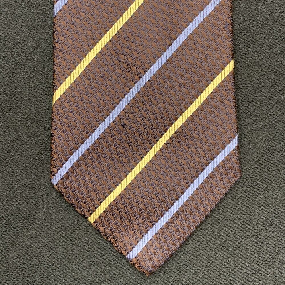 Hugo Boss Brown Blue Yellow Diagonal Stripe Silk Neck Tie Textured Vtg Y2K Italy